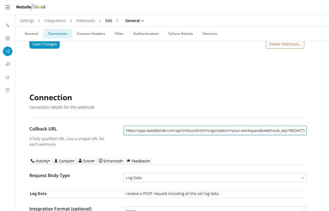 CTM Connection settings showing a redacted LeadDecide callback URL and Log Data request body